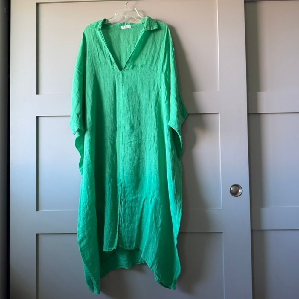 Made in Italy Womens OS Green 100% Linen Kaftan Maxi Dress V Neck Lagenlook